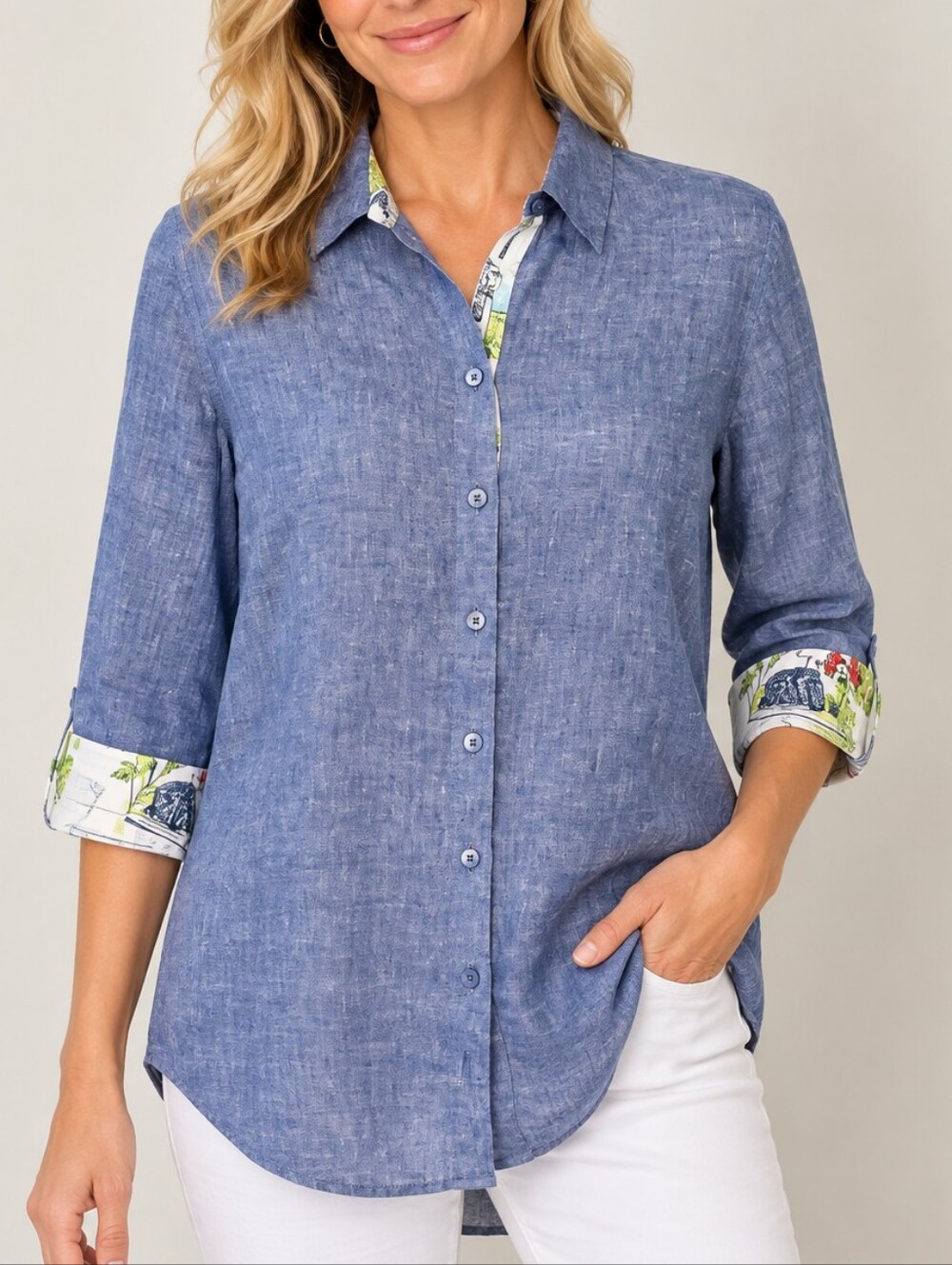 CHICO’S Women’s Blue Denim Look 100% Linen Button Front Shirt Size M 8/10
